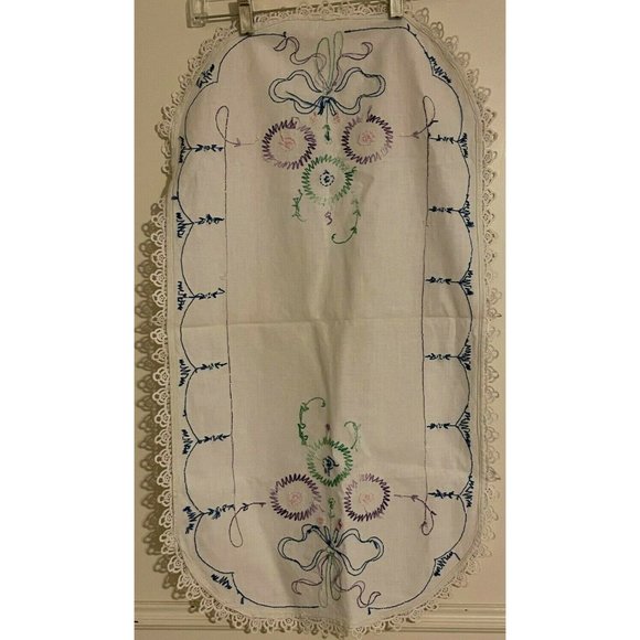 Vintage Linen Embroidered 30.5" x 17" Table Runner Purple Blue Green Handmade - Picture 7 of 11